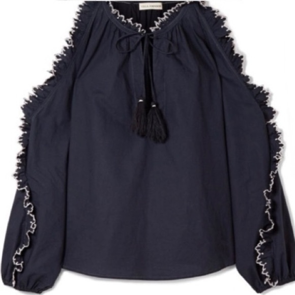 EUC ULLA JOHNSON Blue Amandine Embroidered Cold Shoulder Ruffle Blouse - Picture 3 of 10